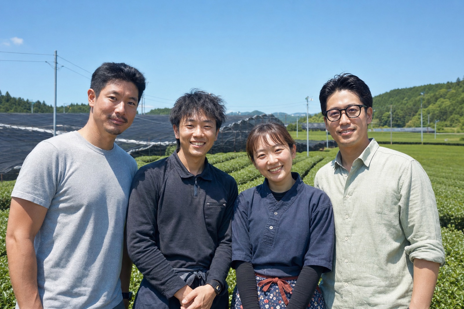 The two MATSU founders with young tea farmers on a sunny day