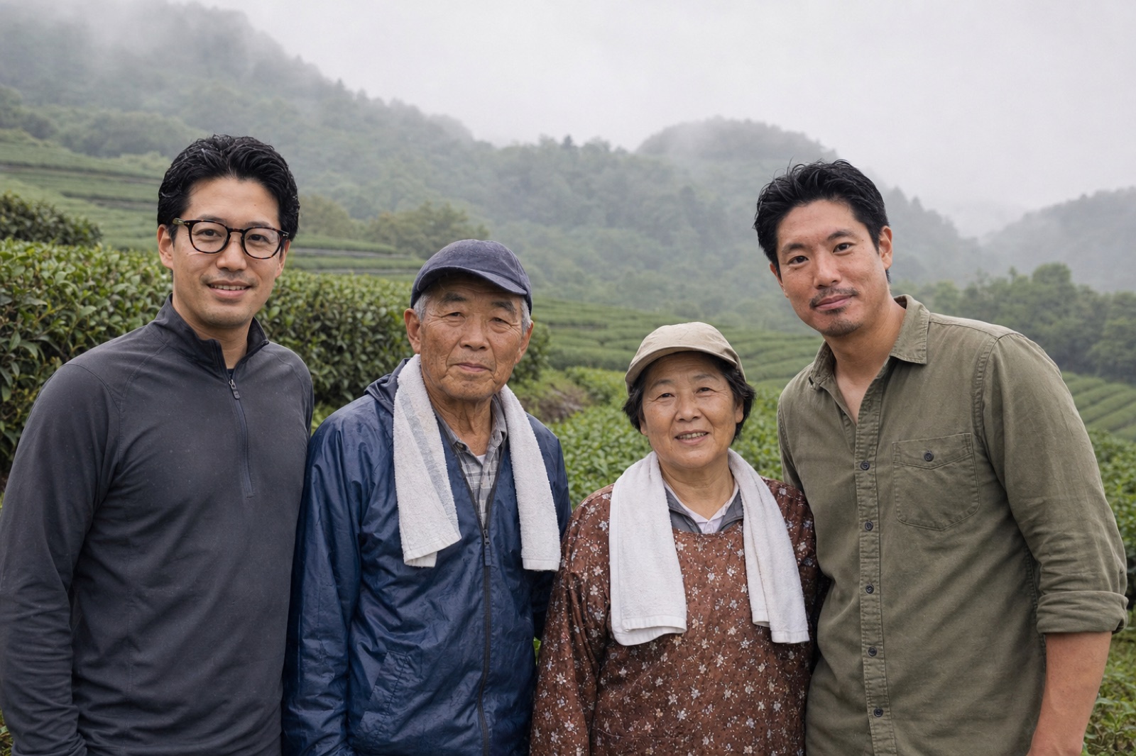 The two MATSU founders with a veteran farming couple on a misty terraced plantation