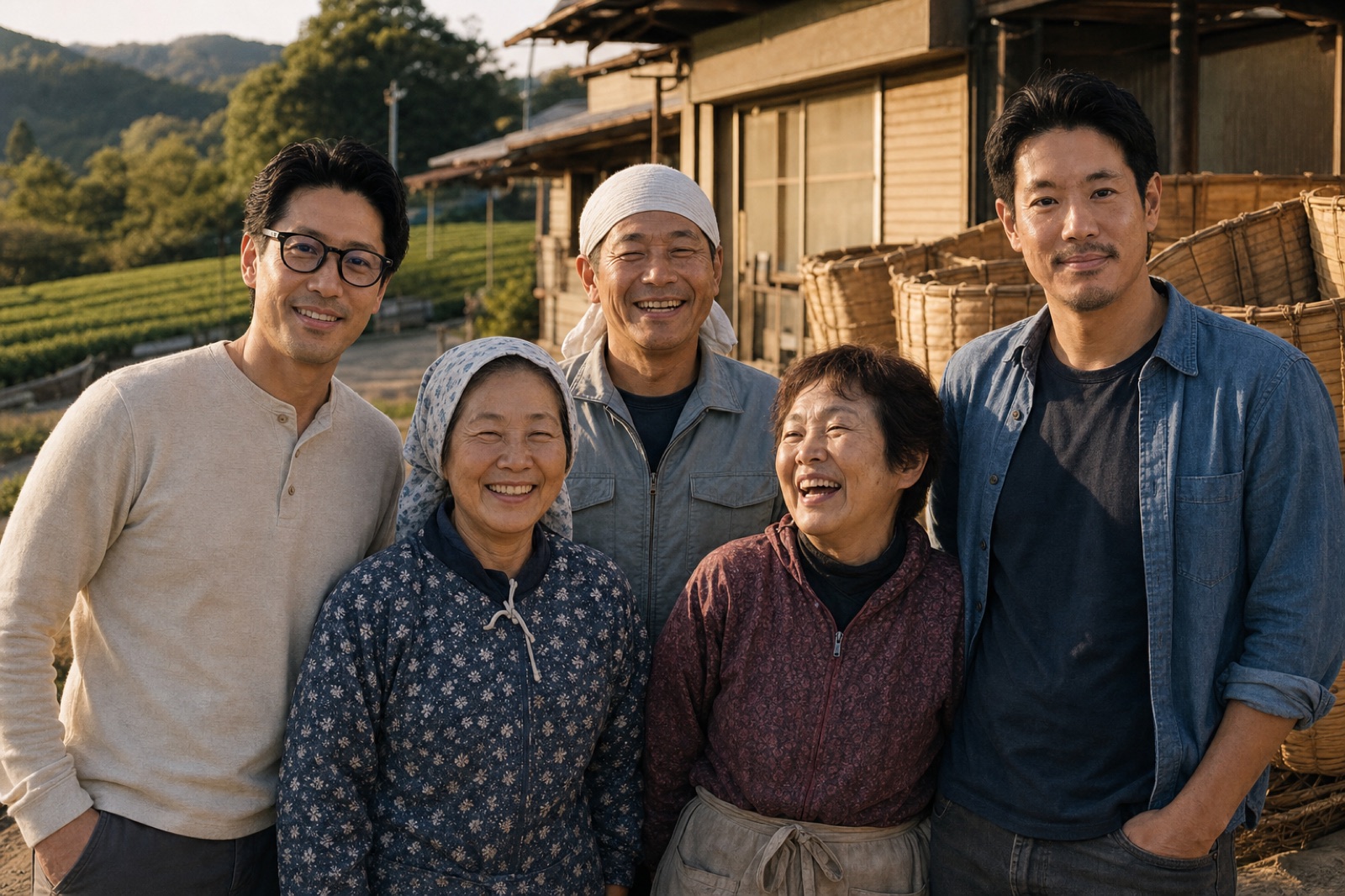 The two MATSU founders with farm workers at golden hour by the processing shed