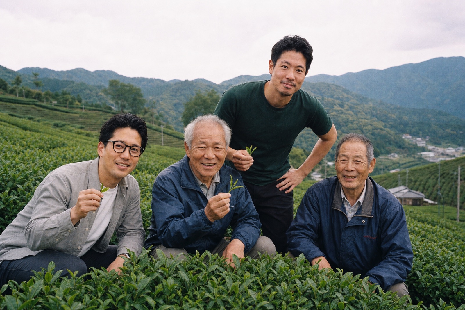 The two MATSU founders laughing with veteran growers on a green hillside