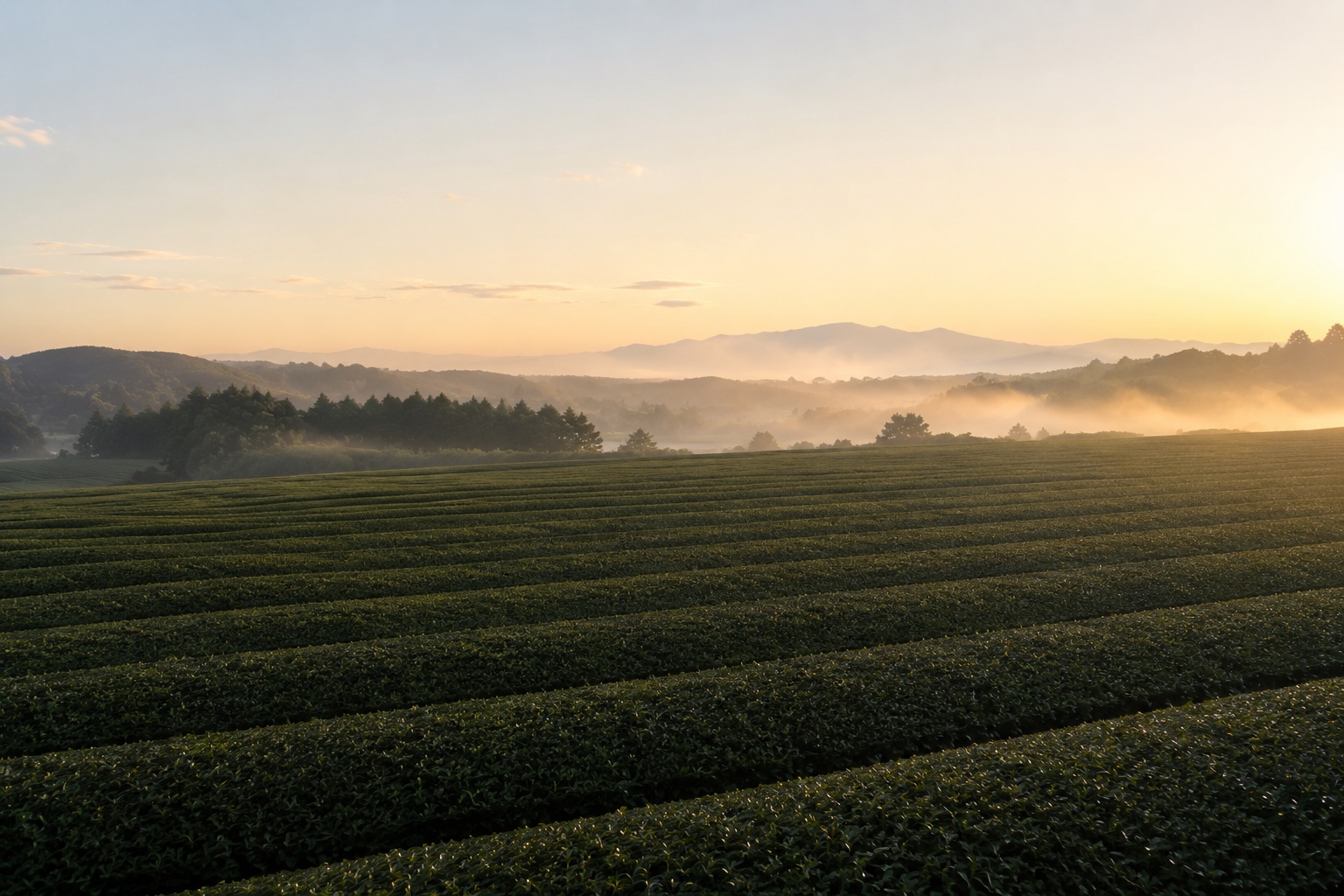 Tea field at dawn in Japan — three regions, producer-direct matcha by MATSU.