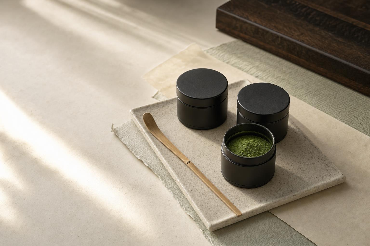 MATSU tasting kit — three tins, one open with matcha, chashaku on stone tray